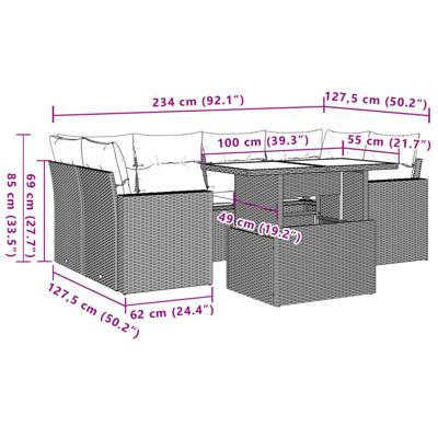 7-delige Loungeset met kussens poly rattan grijs
