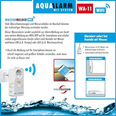 Protector 15021 WA-11 Watermelder met WiFi-alarmdoorschakeling Met externe sensor werkt op het lichtnet Protector 15021 WA-11 Watermelder met WiFi-alarmdoorschakeling Met externe sensor werkt op het lichtnet