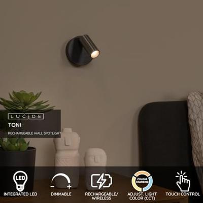 Lucide TONI - Oplaadbare Wandspot / Wandlamp - Accu/Batterij - Ø 8,1 cm - LED Dimb. - CCT - 1x2W 2700K/4000K - Magnetisch - Grijs ijzer