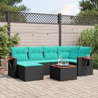 7-delige Loungeset met kussens poly rattan zwart - thumbnail