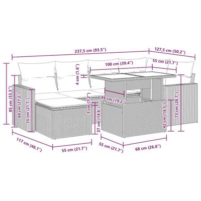 7-delige Loungeset met kussens poly rattan lichtgrijs
