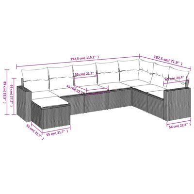 8-delige Loungeset met kussens poly rattan grijs