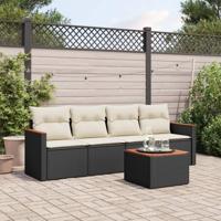 5-delige Loungeset met kussens poly rattan zwart - thumbnail