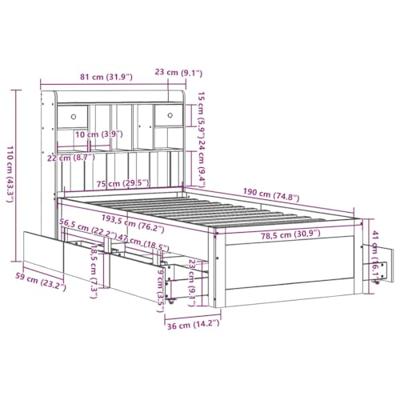 Bed met boekenkast zonder matras massief grenenhout 75x190 cm