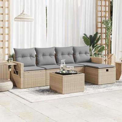 6-delige Loungeset met kussens poly rattan beige
