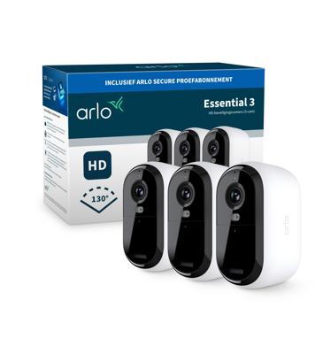 Arlo Essential 3 HD, WiFi-buitencamera, batterijduur 6 maanden, nachtzicht in kleur, licht, sirene, tweerichtingsaudio, 3 witte camera's