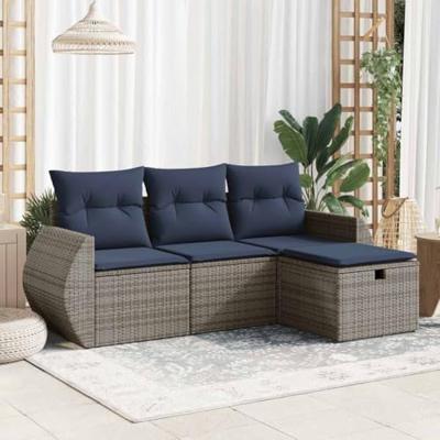 4-delige Loungeset met kussens poly rattan grijs