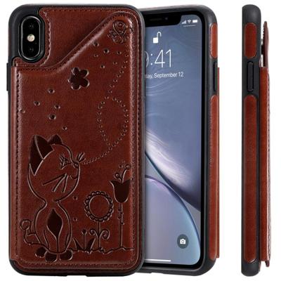 Voor iPhone XS Max kat Bee reliëf patroon schokbestendige beschermhoes met kaartsleuven & fotolijstjes (bruin) Voor iPhone XS Max kat Bee reliëf patroon schokbestendige beschermhoes met kaartsleuven & fotolijstjes (bruin)