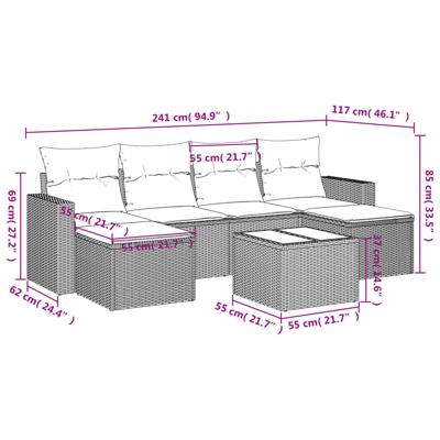 7-delige Loungeset met kussens poly rattan zwart - thumbnail