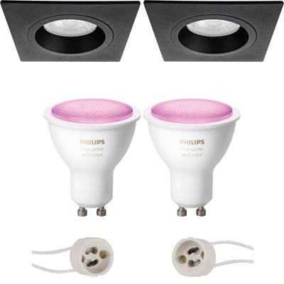 GU10 Inbouwspot Set - Mat Zwart - Inbouw Vierkant - Philips Hue - White and Color Ambiance - Bluetooth - Pragmi Rodos Pro - 93mm