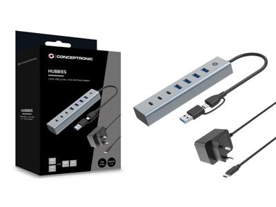 CONCEPTRONIC HUBBIES20GP 7-Port USB 3.2 Gen 1 Hub met voeding, 5 Gbps, USB-C x 3, USB-A x 4