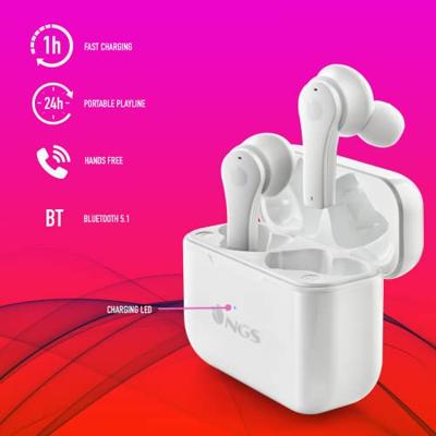 NGS ARTICA BLOOM WHITE– Draadloze hoofdtelefoon compatibel met Bluetooth en TWS, microfoon, tot 24u, aanraakbediening, USB type C, laadstation, zwart