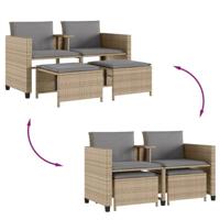 Tuinbank 2-zits met tafel en voetenbanken poly rattan beige - thumbnail