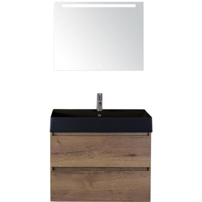 Maxx XL Badmeubelset 80 cm - Tabacco - Wastafel Kube Zwart 1 Kraangat met LED Spiegel