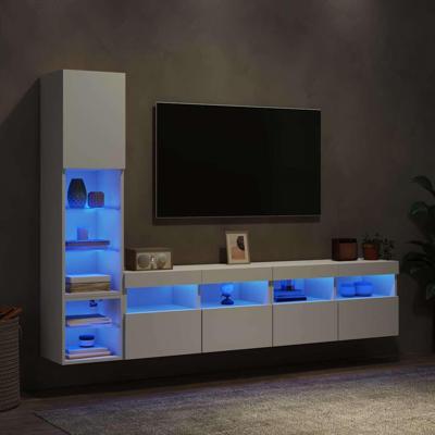 4-delige Tv-wandmeubelset met LED-verlichting bewerkt hout wit