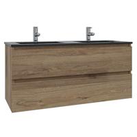 Adema Chaci Badkamermeubelset - 120x46x57cm - 2 keramische wasbakken zwart - 2 kraangaten - 2 lades - eiken SW1212781/SW761657 - thumbnail