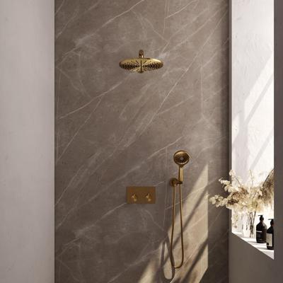 Brauer Gold Edition Thermostatische Regendoucheset Inbouw - Hoofddouche 30 cm - Rechte Wandarm - Met Drukknoppen - Handdouche 3 Standen - Doucheslang - Wandaansluitbocht - Geborsteld Goud