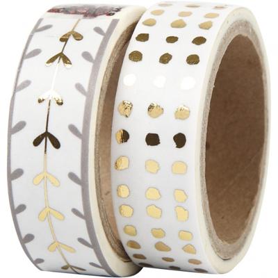 Vivi Gade Masking tape, harten en stippen - folie, b: 15 mm, goud, wit, 2x4 m/ 1 doos