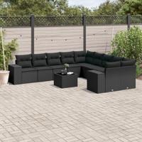 11-delige Loungeset met kussens poly rattan zwart - thumbnail