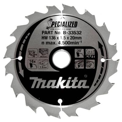 Makita Cirkelzaagblad voor Hout | Specialized | Ø 136mm Asgat 20mm 16T - B-33532
