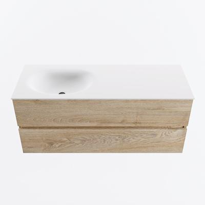 MONDIAZ VICA 120cm badmeubel onderkast Washed Oak 2 lades. Wastafel MOON links zonder kraangat, kleur Talc.