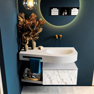 MONDIAZ RIVA 100cm badmeubel onderkast / planchet kleur carrara met 1 lade. Wastafel DULCET rechts 0 kraangaten kleur Talc.