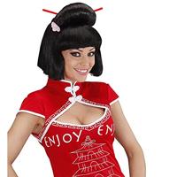 Pruik Geisha met Bloem en Chopsticks - thumbnail