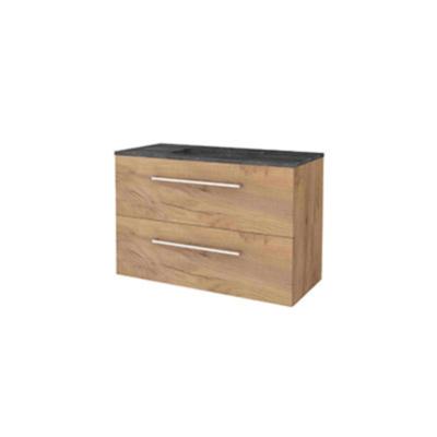 Basic-Line Start 46 Badkamermeubelset - 100 x 46 cm - Met Grepen - 2 Lades - Hardstenen Wastafel - 1 Kraangat - Whisky Oak
