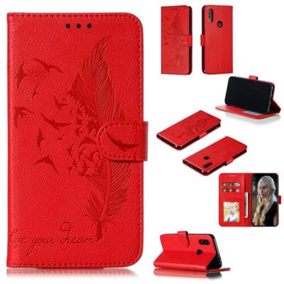 Feather patroon Litchi textuur horizontale Flip lederen draagtas met portemonnee & houder & kaartsleuven voor Xiaomi Redmi 7 (rood)