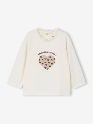 T-shirt baby met lange mouwen en luipaardhartmotief ecru