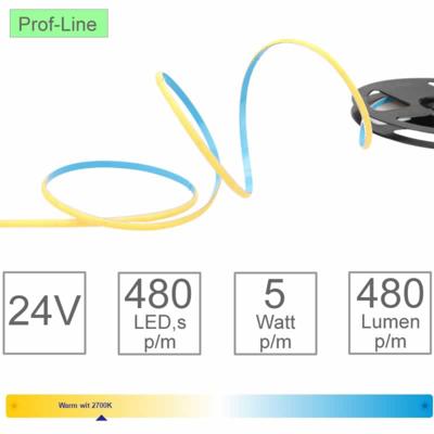 LED Strip 2700K dimbaar 24V 5M warm wit 5W p/mtr een streeplicht 480 Leds p/mtr 4mm breed 127-158