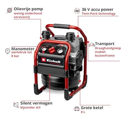 Einhell Professional SILENZZO 36/21 Accucompressor 8 bar 2 cilinders Einhell Professional SILENZZO 36/21 Accucompressor 8 bar 2 cilinders