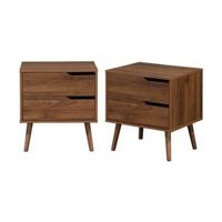 sweeek - Nachtkastje van walnoot gebeitst hout, 2 laden (set van 2) - thumbnail