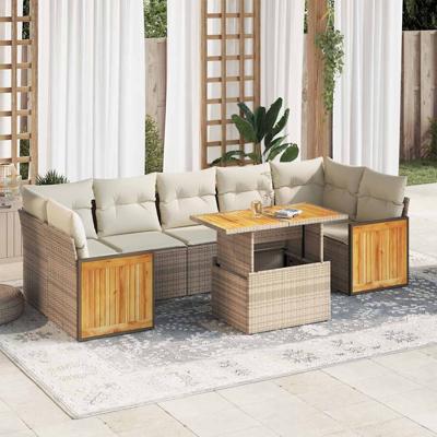 8-delige Loungeset met kussens poly rattan beige