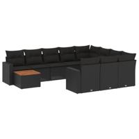 11-delige Loungeset met kussens poly rattan zwart - thumbnail