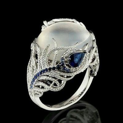 Vintage zilveren holle natuurlijke opaal ringen veren patroon ringen voor vrouwen sieraden ring maat: 7