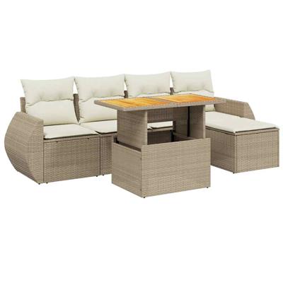 6-delige Loungeset met kussens poly rattan acacia beige