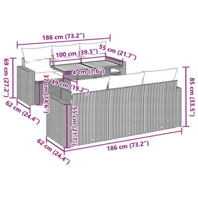 7-delige Loungeset met kussens poly rattan zwart