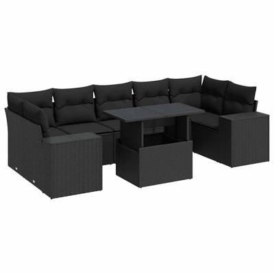 8-delige Loungeset met kussens poly rattan zwart - thumbnail
