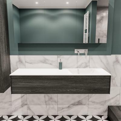Mondiaz Lush Cloud badmeubel eiken Dark brown 150 cm 1 lade solid surface enkele spoelbak rechts zonder kraangat