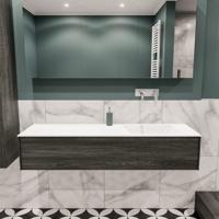 Mondiaz Lush Cloud badmeubel eiken Dark brown 150 cm 1 lade solid surface enkele spoelbak rechts zonder kraangat - thumbnail