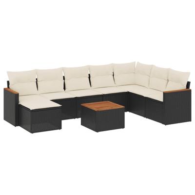 9-delige Loungeset met kussens poly rattan zwart
