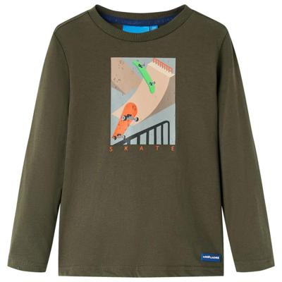 Kindershirt met lange mouwen skateboardprint 128 kakikleurig