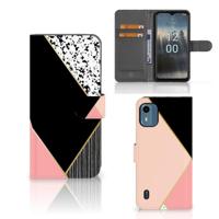 Nokia C12 | Book Case | Zwart Roze Vormen - thumbnail