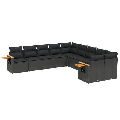 10-delige Loungeset met kussens poly rattan zwart - thumbnail