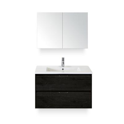 Porto Badmeubelset 90 cm - Black Oak - Keramische Wastafel Wit Slim - met Spiegelkast