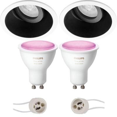 GU10 Inbouwspot Set - Mat Zwart/Wit - Inbouw Rond - Kantelbaar - Philips Hue - White and Color Ambiance - Bluetooth - Pragmi Zano Pro - Ø93mm