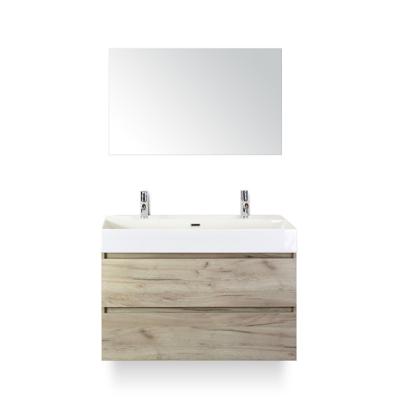 Maxx XL Badmeubelset 100 cm - Craft Oak - Wastafel Kube 2 kraangaten - met Spiegel