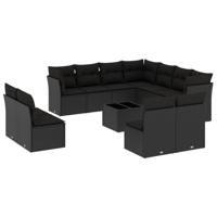 12-delige Loungeset met kussens poly rattan zwart - thumbnail