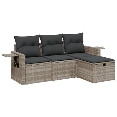 4-delige Loungeset met kussens poly rattan lichtgrijs